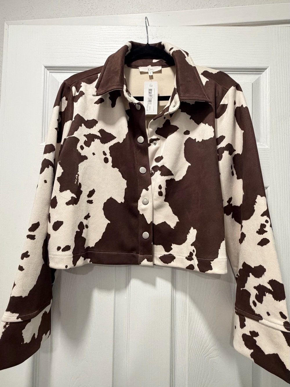 Cow Print Cropped Button Jacket - Brown & Cream